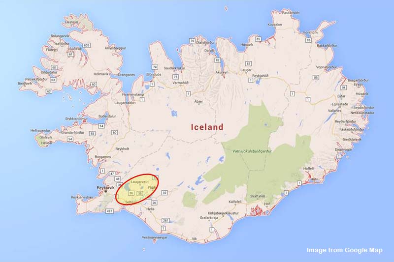 A map of Iceland with a red circle showing the Golden Circle route
