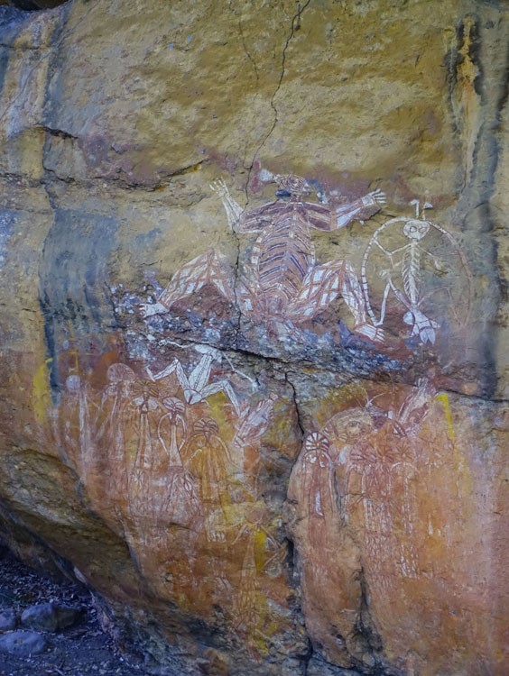 Image of an Indigenous painting showing mythical creatures on a rockface