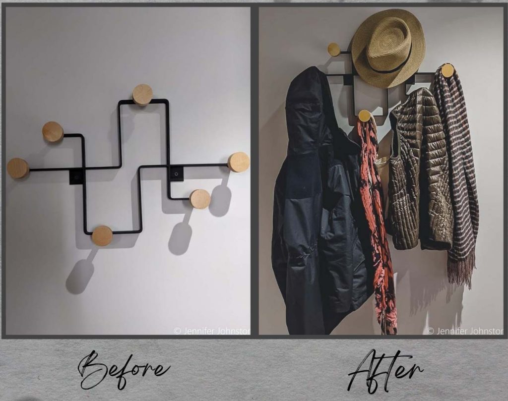 Image of a wall coat rack empty next to a coat rack with coats and scarves on