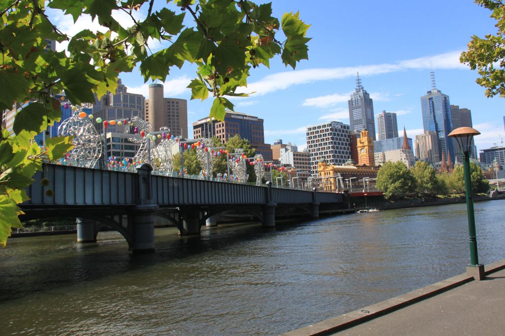 IMage of a pedestrian bridge over a river with city buildings in the background