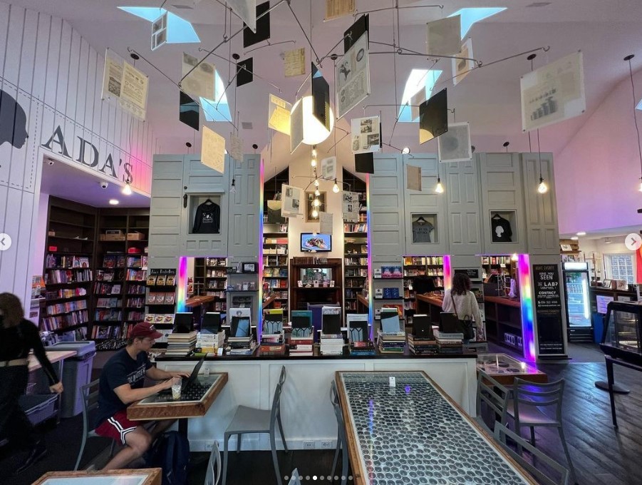 Image showing the interior of a modern bookstore with mobiles hanging from the ceiling