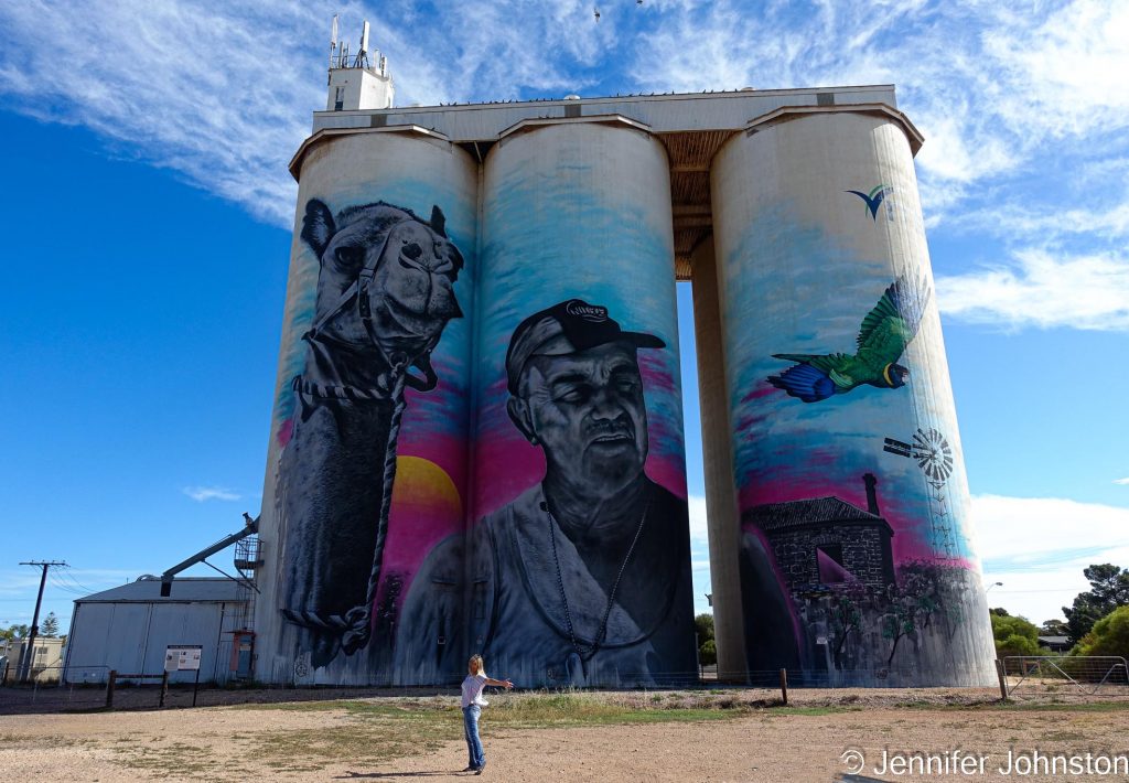 Image of three grain silos with a mural of a man's face and a camel's face and a green parrot on each of the silos