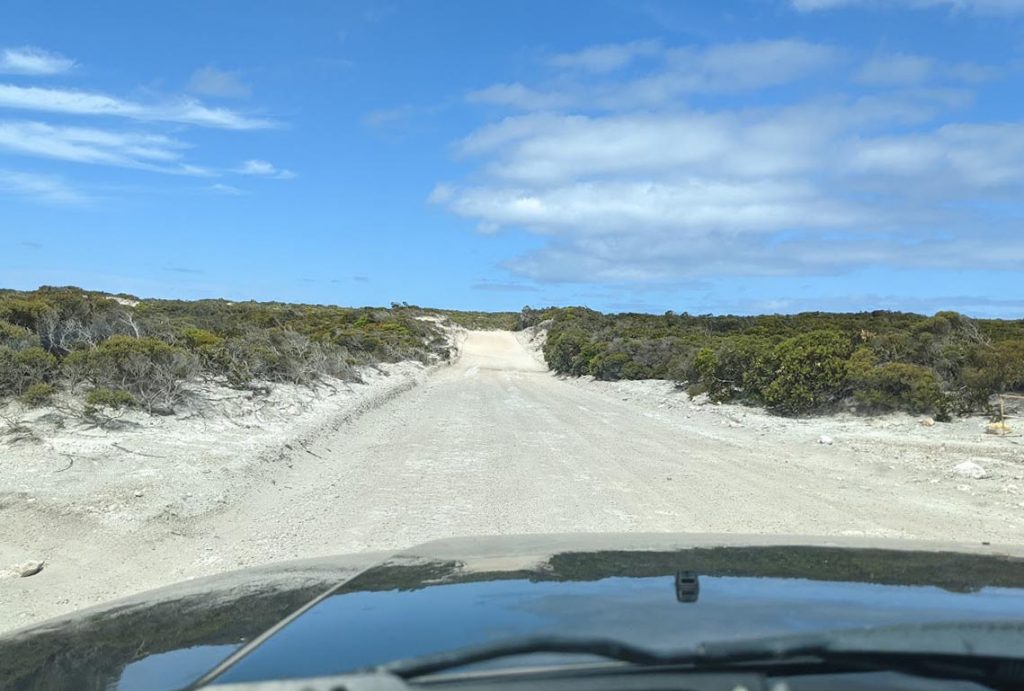 Image of a sandy unsealed road with green shrubs on either side and bllue sky in front